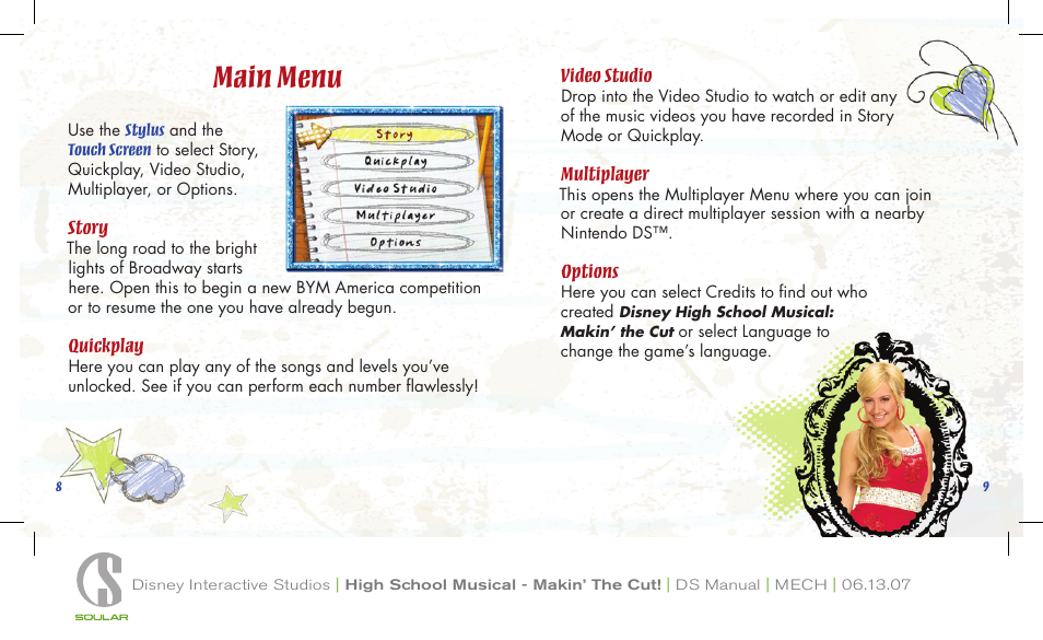 Main menu, Story, Quickplay | Video studio, Multiplayer, Options, Stylus, Touch screen | Disney Interactive Studios Nintendo DS NTR-AI2E-USA User Manual | Page 6 / 14