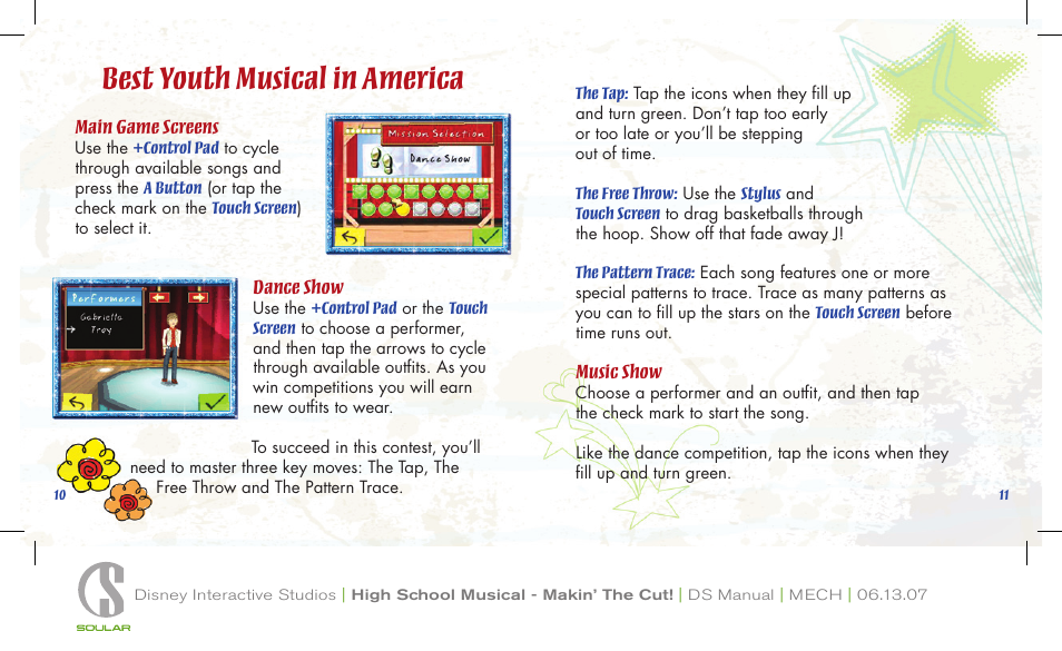 Best youth musical in america, Main game screens, Dance show | Music show, Control pad, A button, Touch screen, The tap, The free throw, Stylus | Disney Interactive Studios Nintendo DS NTR-AI2E-USA User Manual | Page 7 / 14