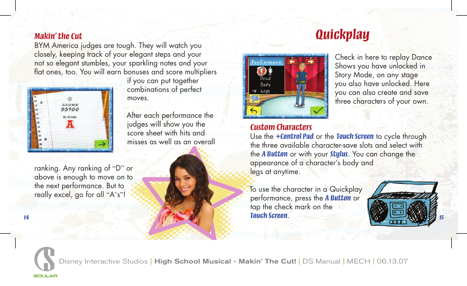 Quickplay, Makin’ the cut, Custom characters | Control pad, Touch screen, A button, Stylus | Disney Interactive Studios Nintendo DS NTR-AI2E-USA User Manual | Page 9 / 14