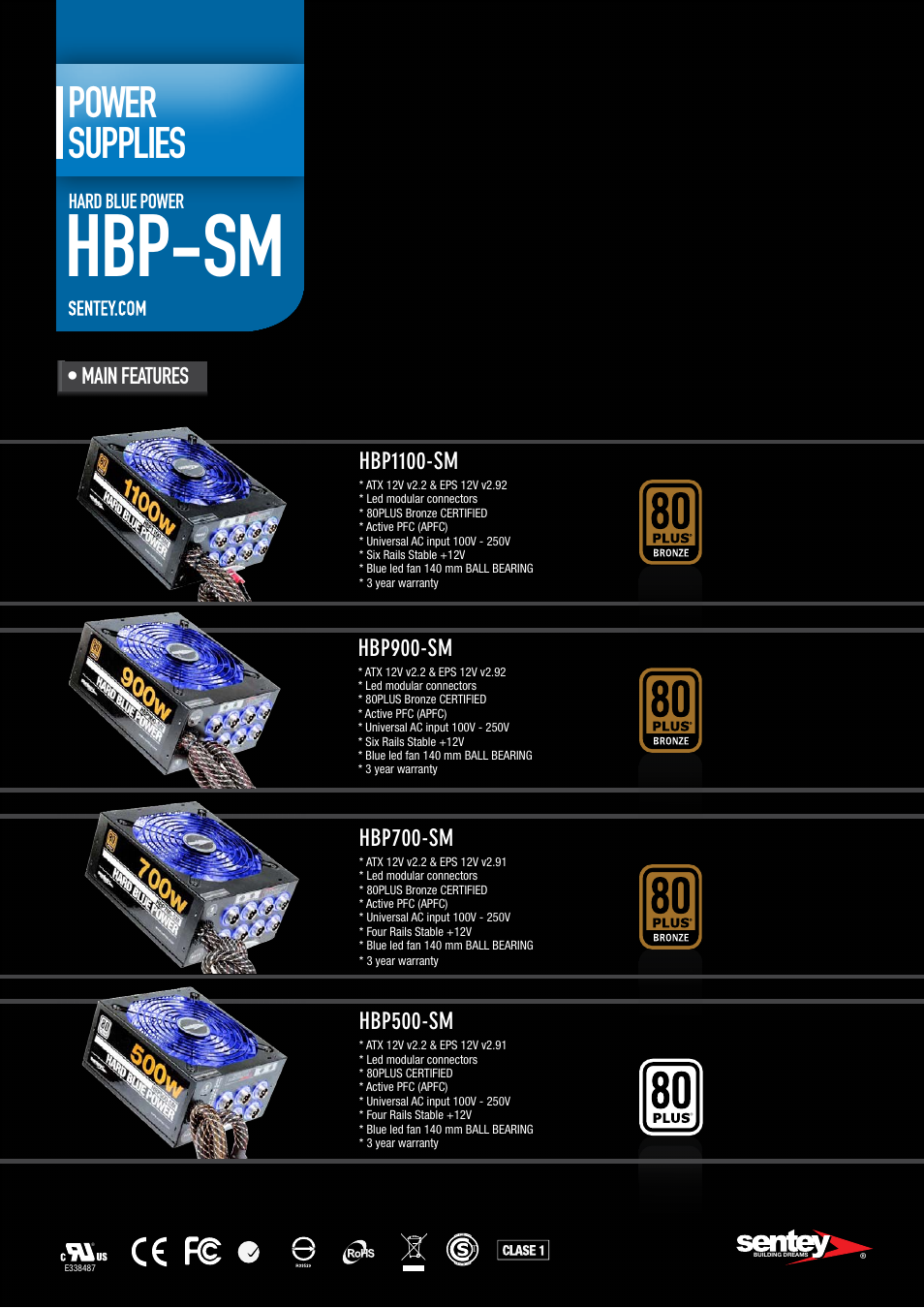Hbp-sm, Power supplies, Hbp500-sm | Hbp700-sm, Hbp900-sm, Hbp1100-sm, Main features, Hard blue power | Sentey HBP-SM User Manual | Page 3 / 15