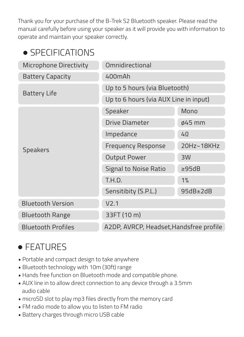 Specifications features | Sentey B-Trek S2 User Manual | Page 2 / 6