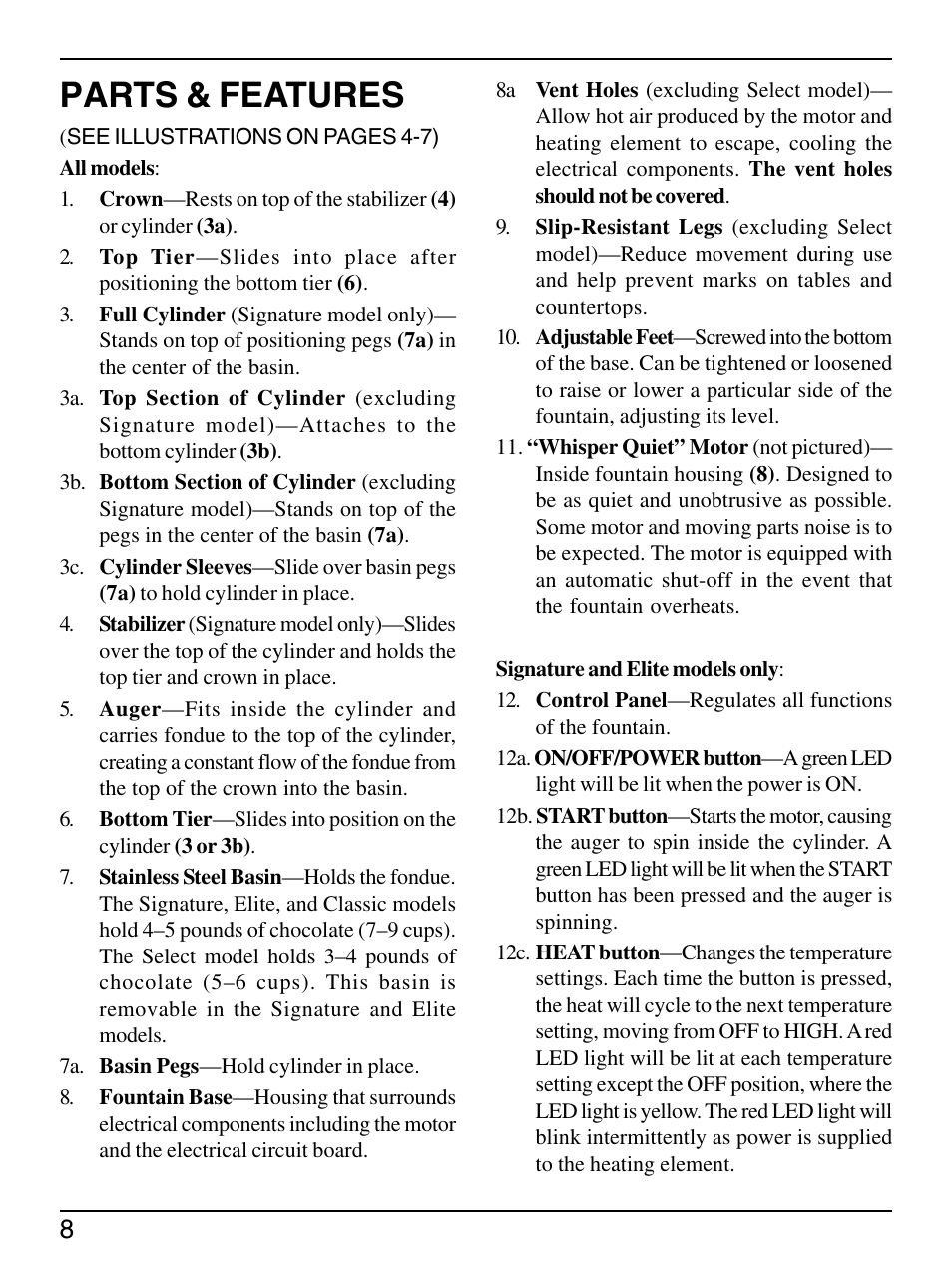 Parts & features | Sephra Home Chocolate & Fondue Fountains User Manual | Page 10 / 22