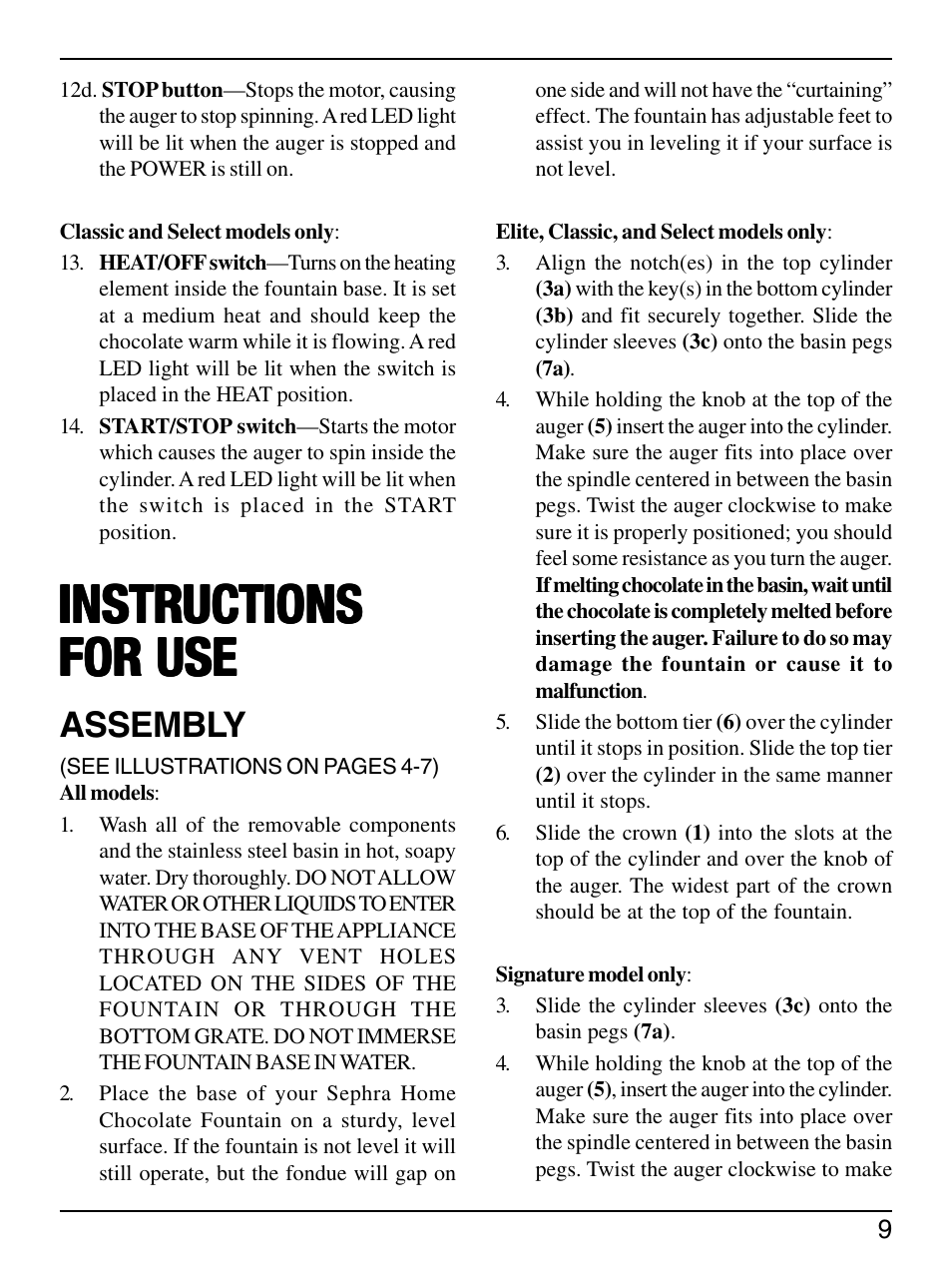 Instructions, Assembly | Sephra Home Chocolate & Fondue Fountains User Manual | Page 11 / 22