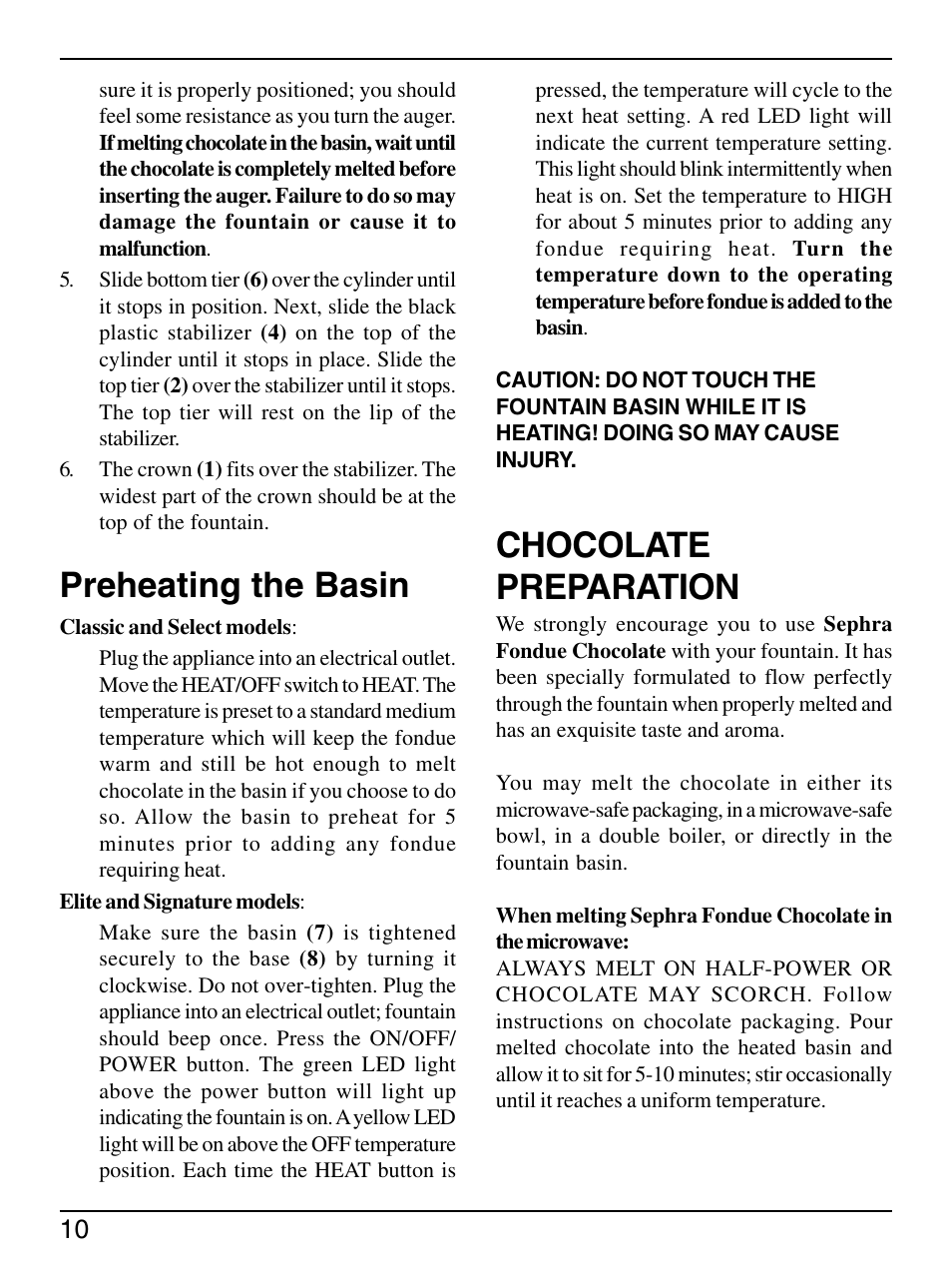 Preheating the basin, Chocolate preparation | Sephra Home Chocolate & Fondue Fountains User Manual | Page 12 / 22