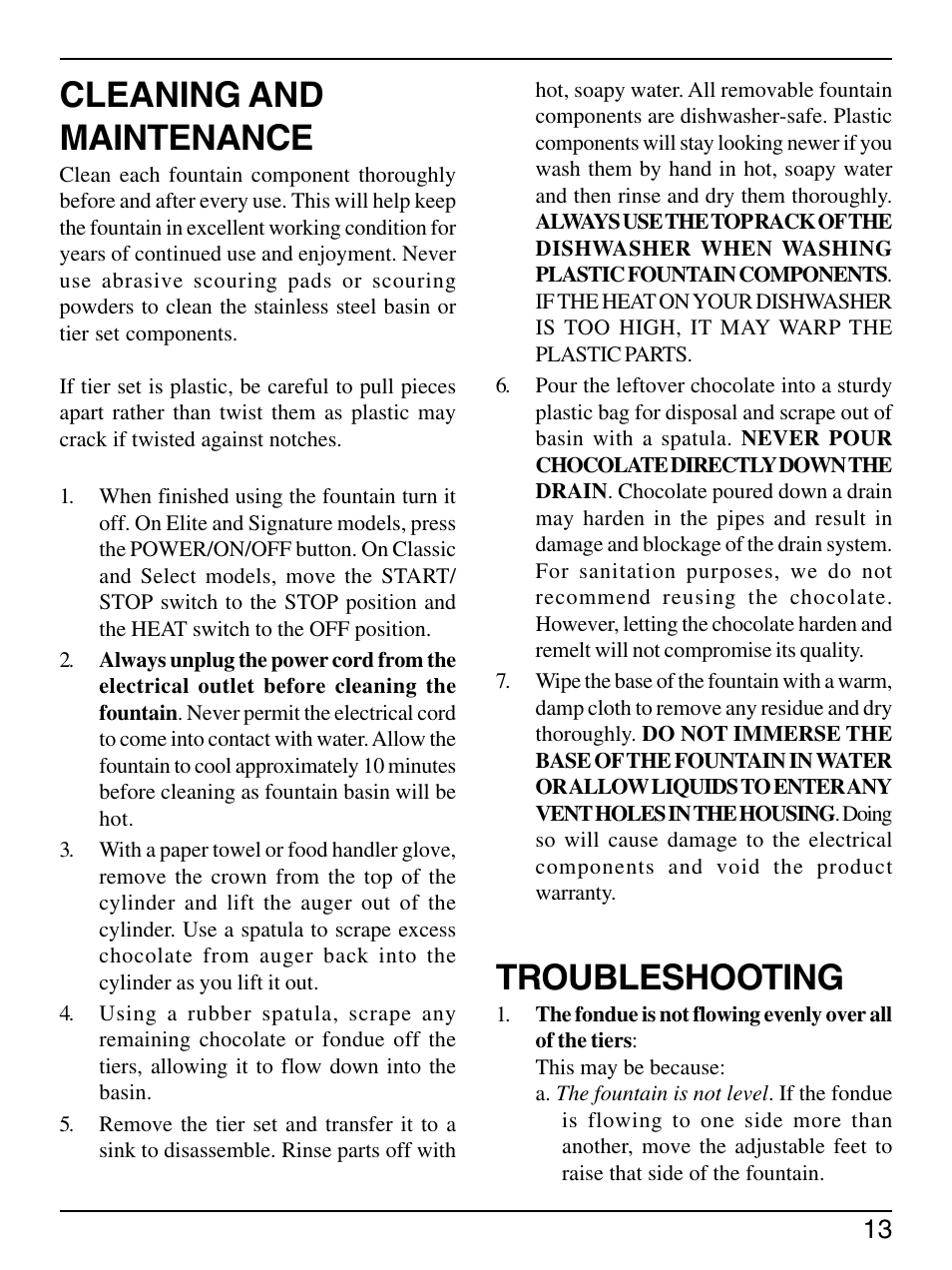 Cleaning and maintenance, Troubleshooting | Sephra Home Chocolate & Fondue Fountains User Manual | Page 15 / 22