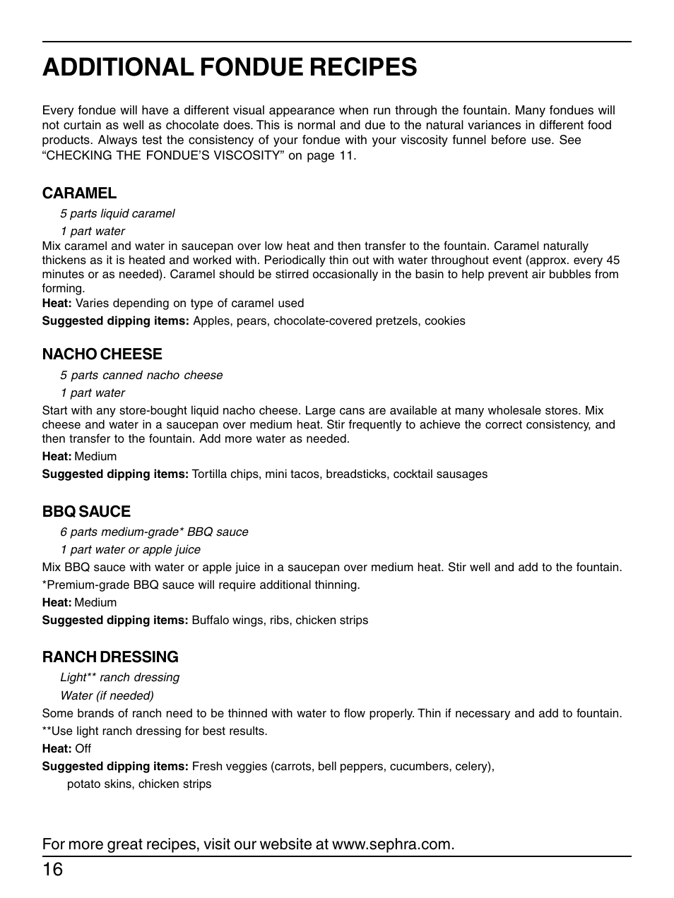Additional fondue recipes | Sephra Home Chocolate & Fondue Fountains User Manual | Page 18 / 22