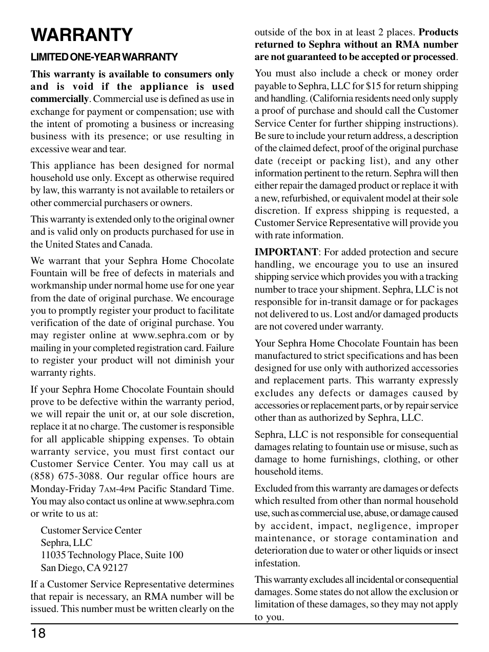 Warranty | Sephra Home Chocolate & Fondue Fountains User Manual | Page 20 / 22