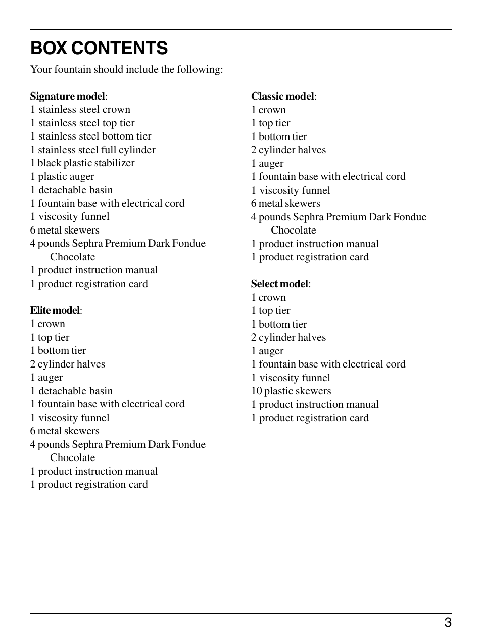 Box contents | Sephra Home Chocolate & Fondue Fountains User Manual | Page 5 / 22