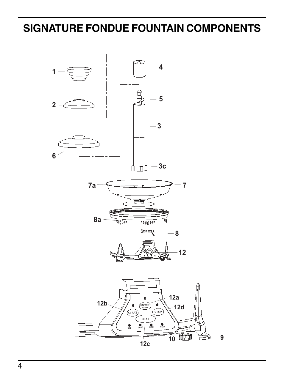 Signature fondue fountain components | Sephra Home Chocolate & Fondue Fountains User Manual | Page 6 / 22