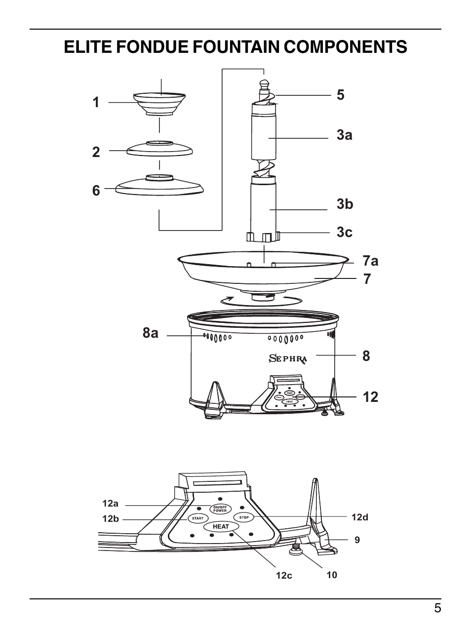 Elite fondue fountain components | Sephra Home Chocolate & Fondue Fountains User Manual | Page 7 / 22