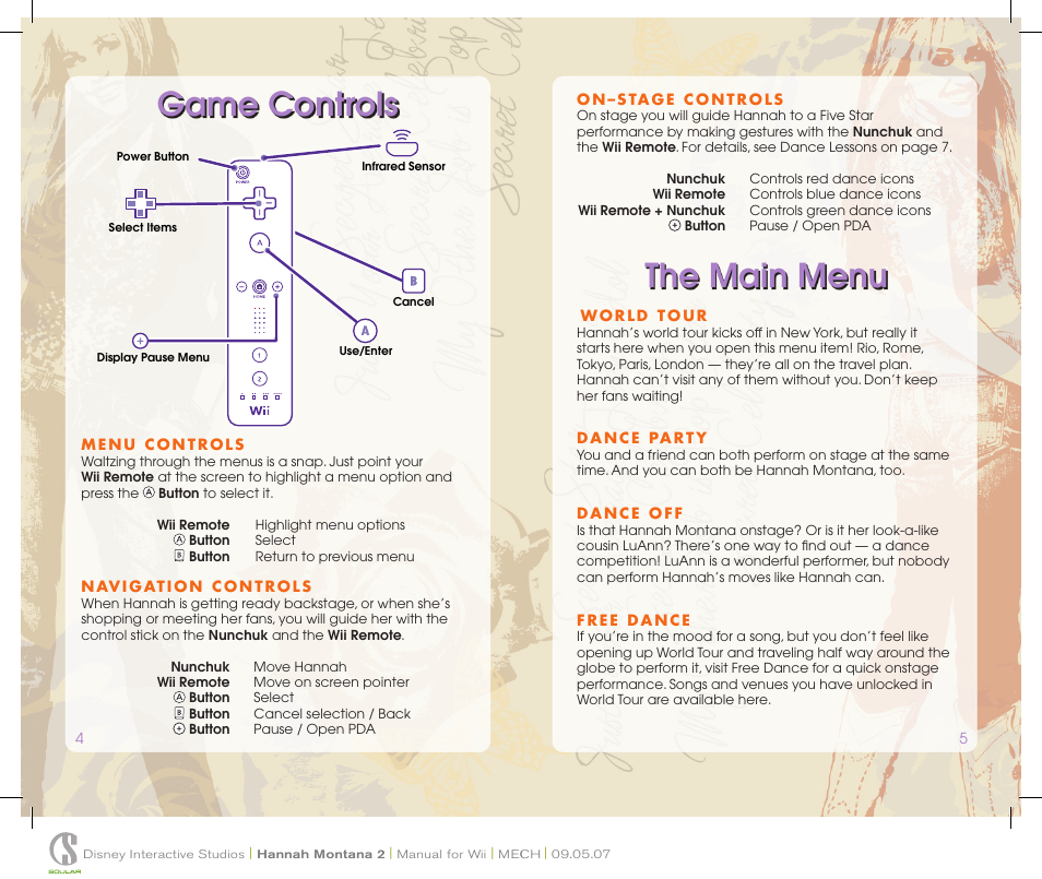 The main menu, Game controls | Disney Interactive Studios Hannah Montana: Spotlight World Tour User Manual | Page 4 / 6