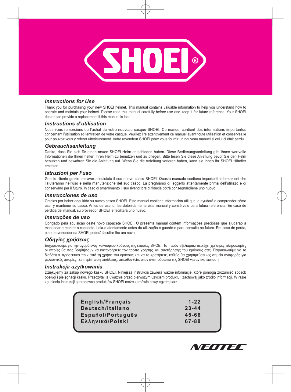 SHOEI Neotec User Manual | 90 pages
