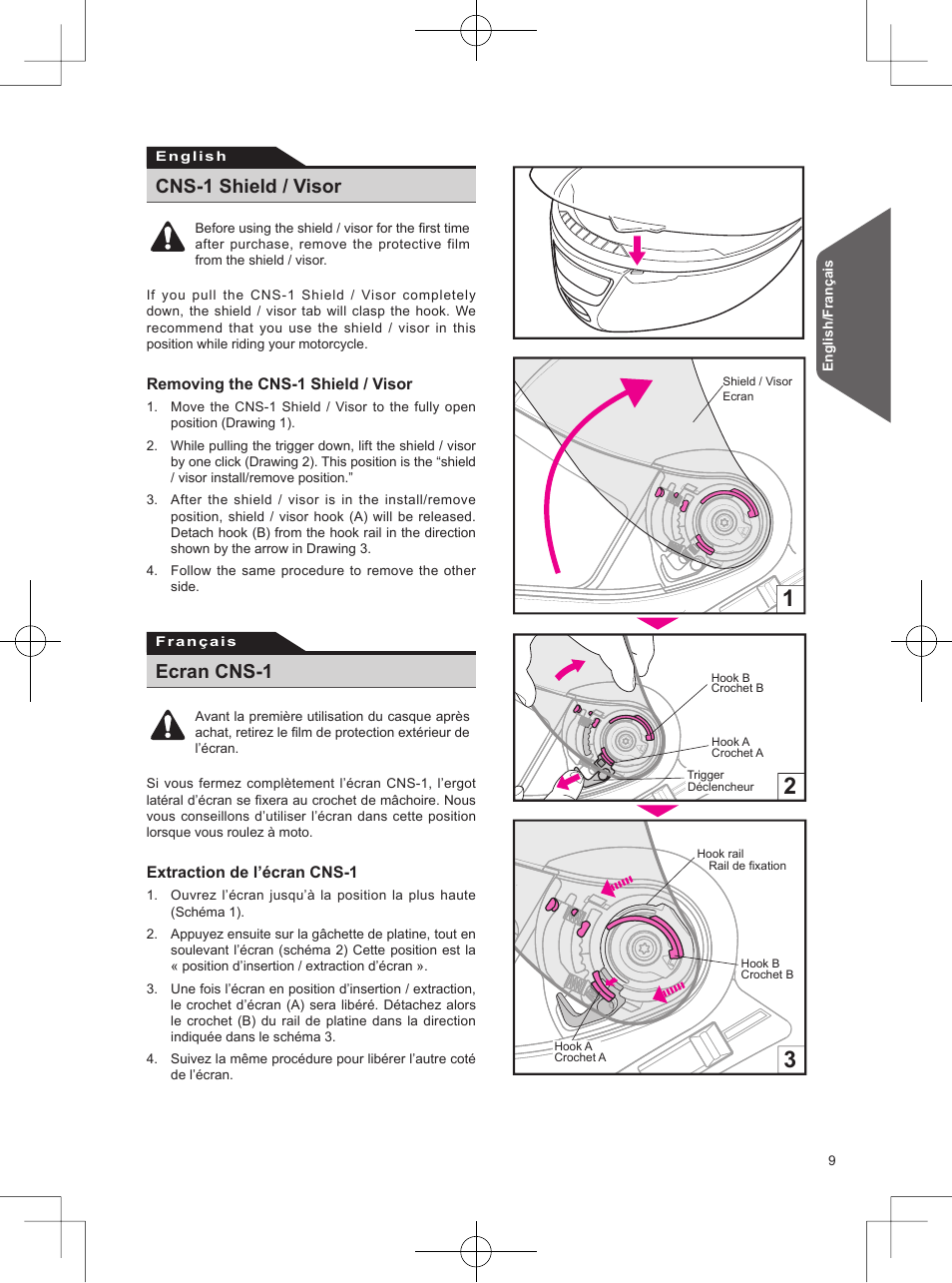 Cns-1 shield / visor, Ecran cns-1 | SHOEI Neotec User Manual | Page 10 / 90