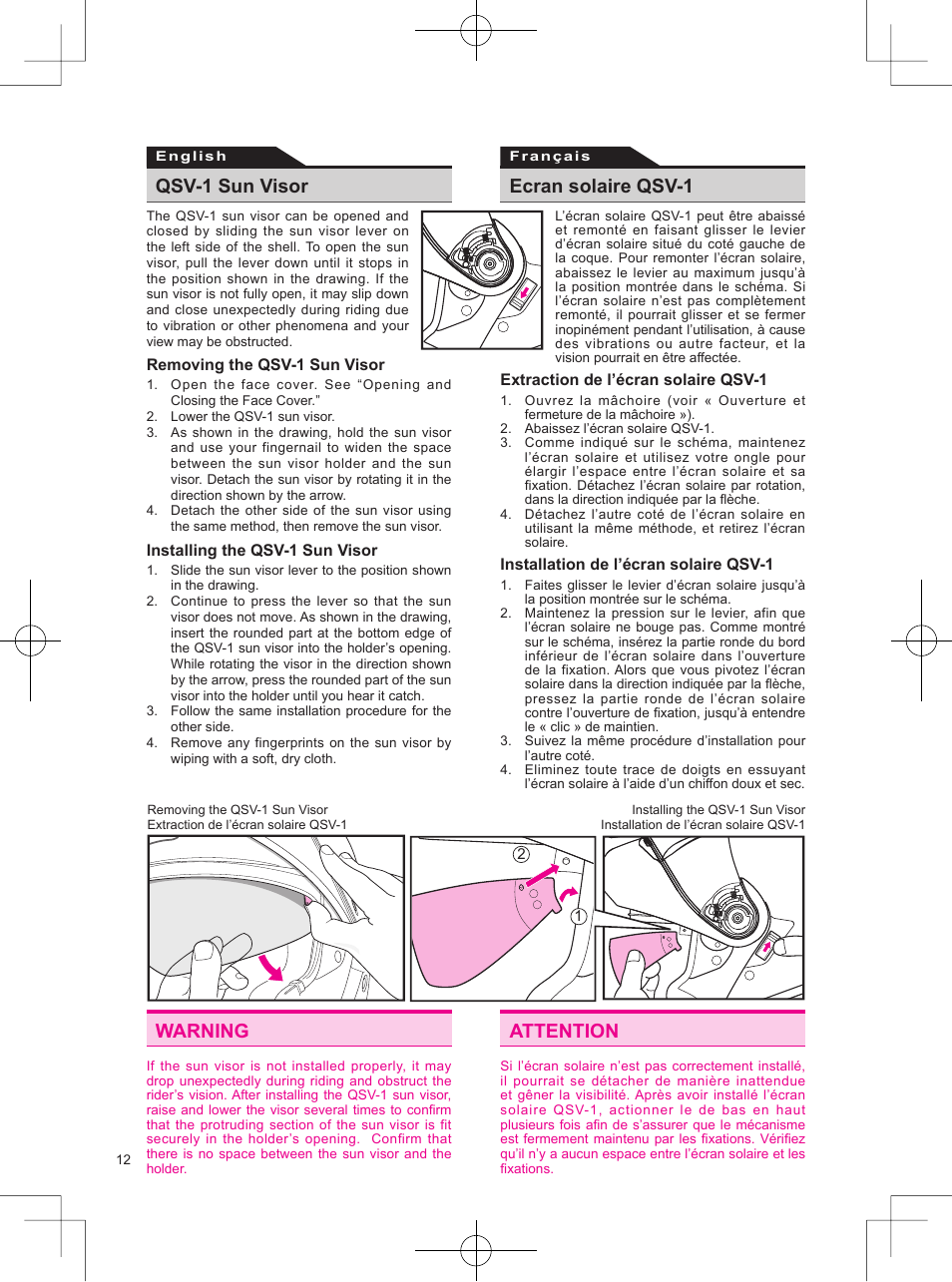 Warning, Attention, Qsv-1 sun visor | Ecran solaire qsv-1 | SHOEI Neotec User Manual | Page 13 / 90