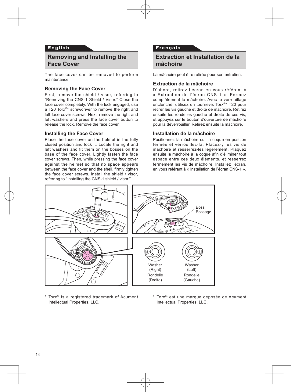 Removing and installing the face cover, Extraction et installation de la mâchoire | SHOEI Neotec User Manual | Page 15 / 90