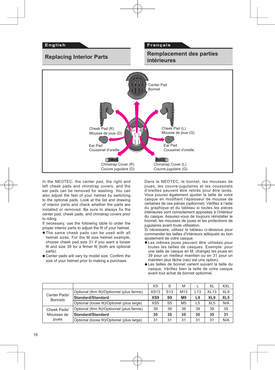 Replacing interior parts, Remplacement des parties intérieures | SHOEI Neotec User Manual | Page 17 / 90
