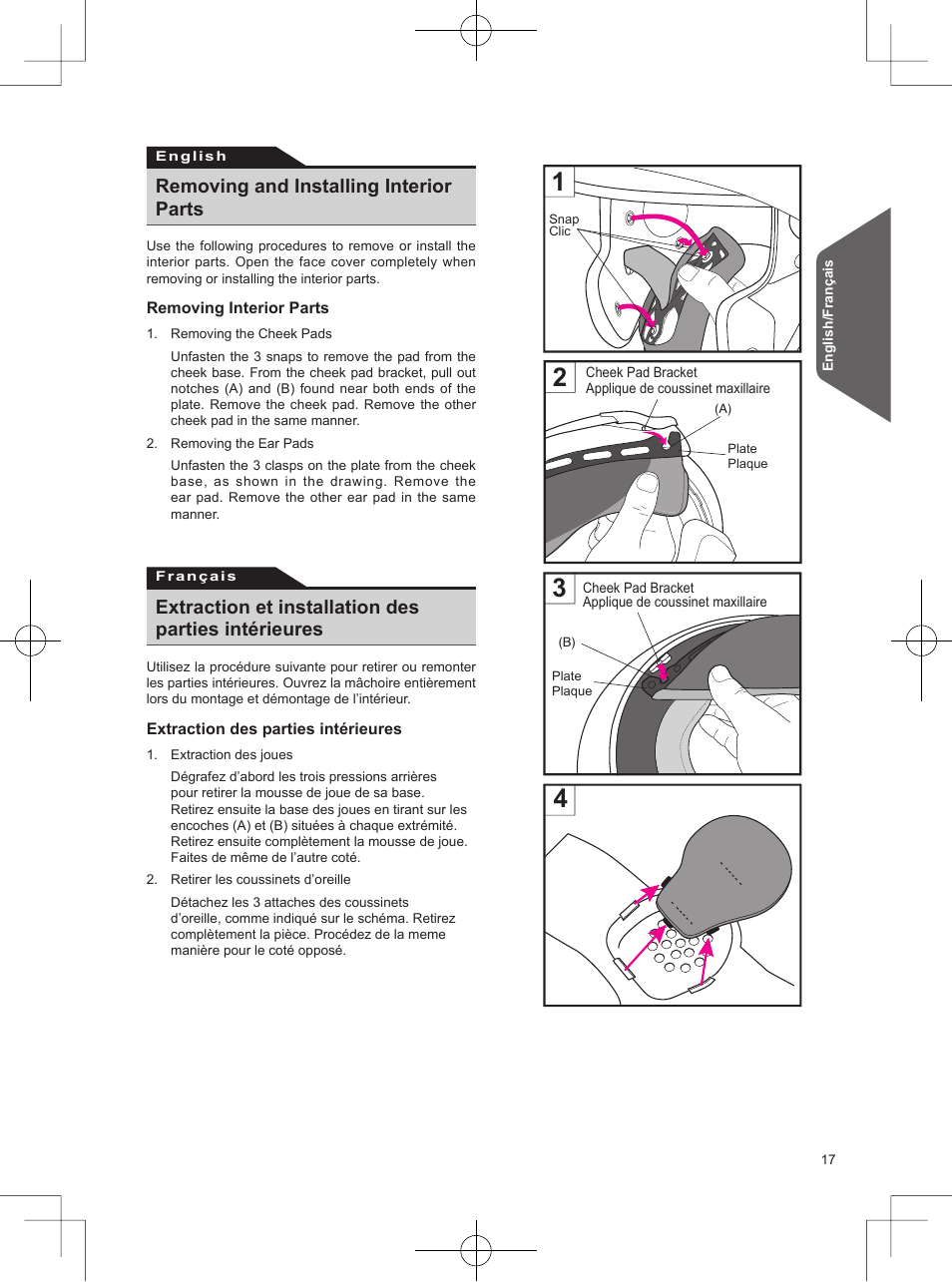 Removing and installing interior parts, Extraction et installation des parties intérieures | SHOEI Neotec User Manual | Page 18 / 90