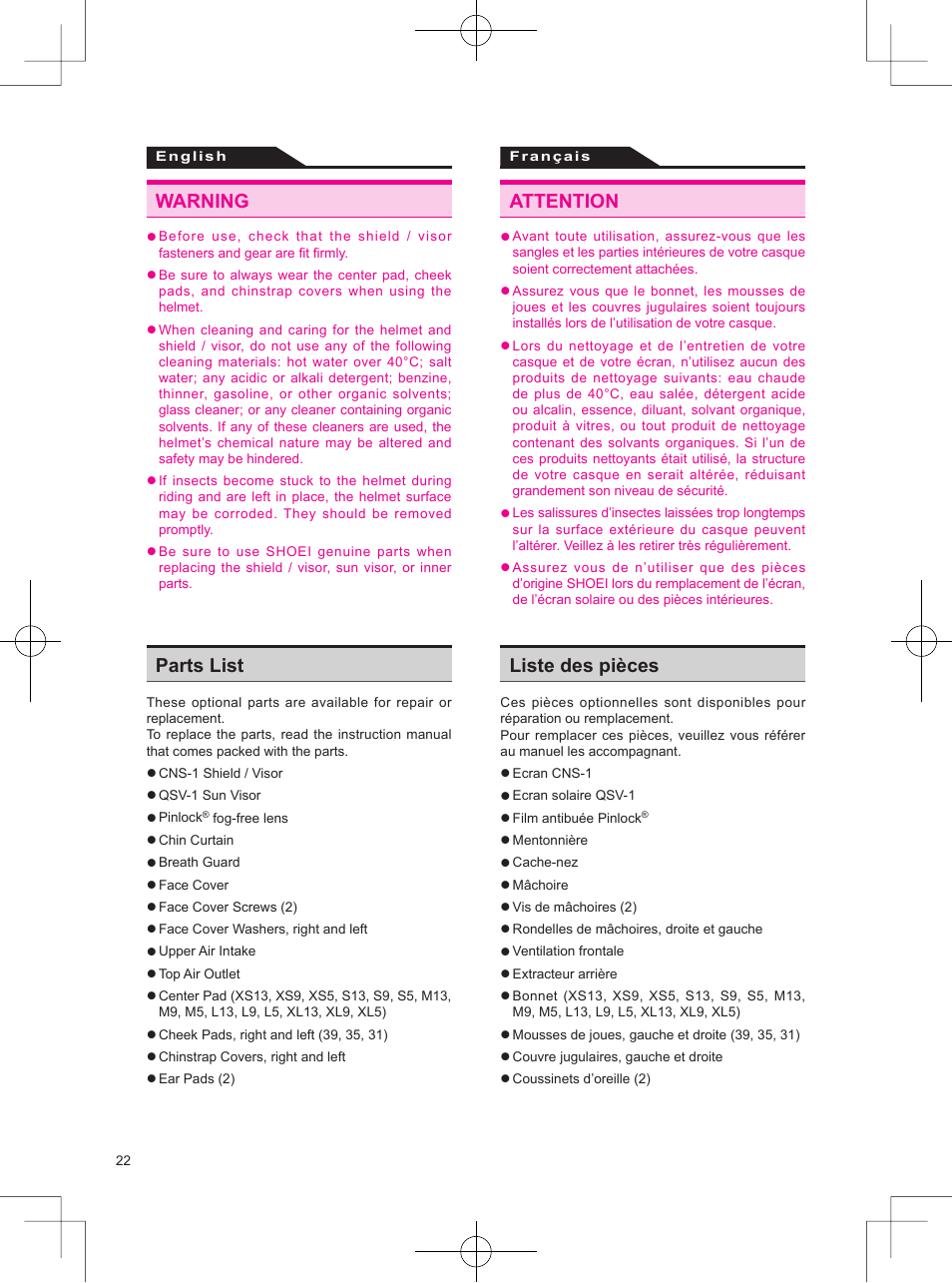 Warning attention, Parts list liste des pièces | SHOEI Neotec User Manual | Page 23 / 90
