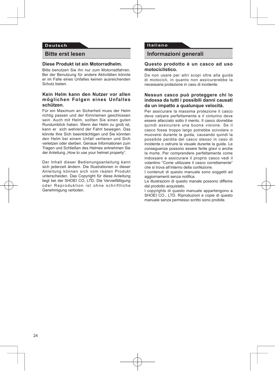 Bitte erst lesen, Informazioni generali | SHOEI Neotec User Manual | Page 25 / 90