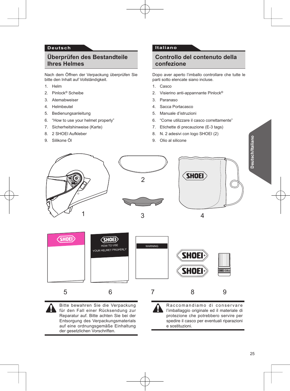 Überprüfen des bestandteile ihres helmes, Controllo del contenuto della confezione | SHOEI Neotec User Manual | Page 26 / 90