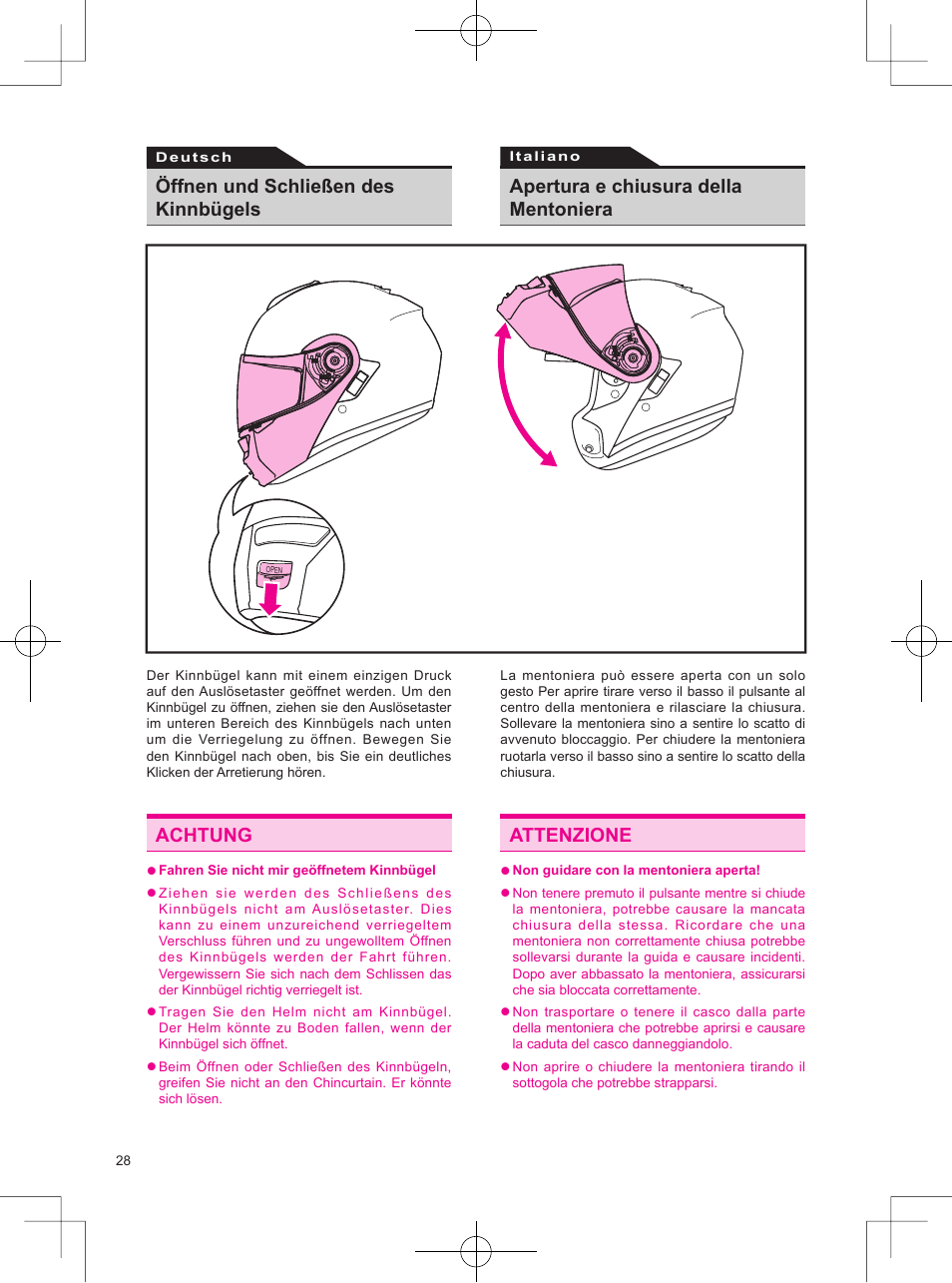 Achtung attenzione, Öffnen und schließen des kinnbügels, Apertura e chiusura della mentoniera | SHOEI Neotec User Manual | Page 29 / 90