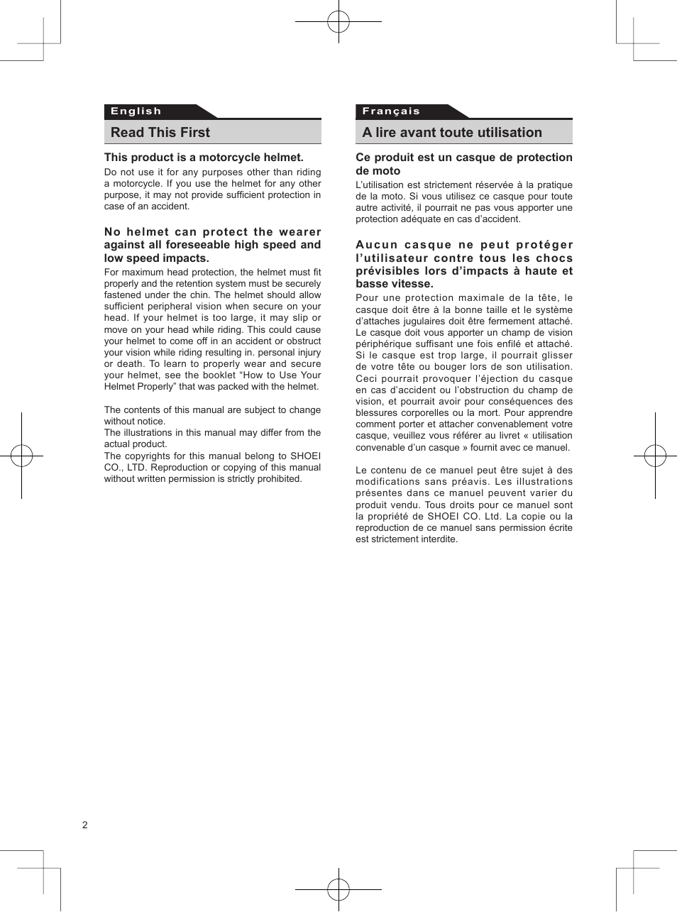 Read this first, A lire avant toute utilisation | SHOEI Neotec User Manual | Page 3 / 90