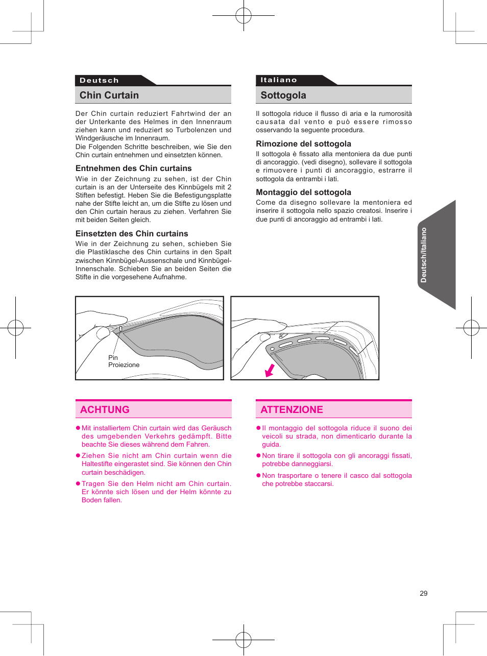 Achtung, Attenzione, Chin curtain | Sottogola | SHOEI Neotec User Manual | Page 30 / 90