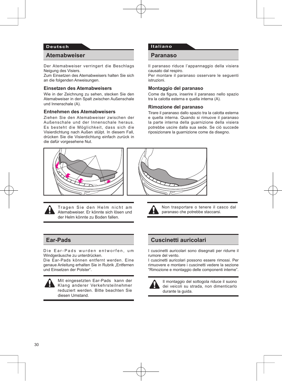 Atemabweiser, Paranaso, Ear-pads cuscinetti auricolari | SHOEI Neotec User Manual | Page 31 / 90