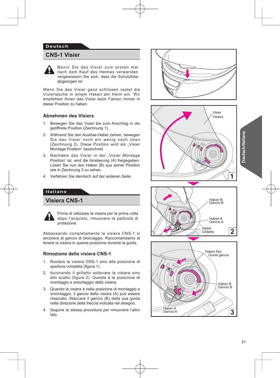 Cns-1 visier, Visiera cns-1 | SHOEI Neotec User Manual | Page 32 / 90