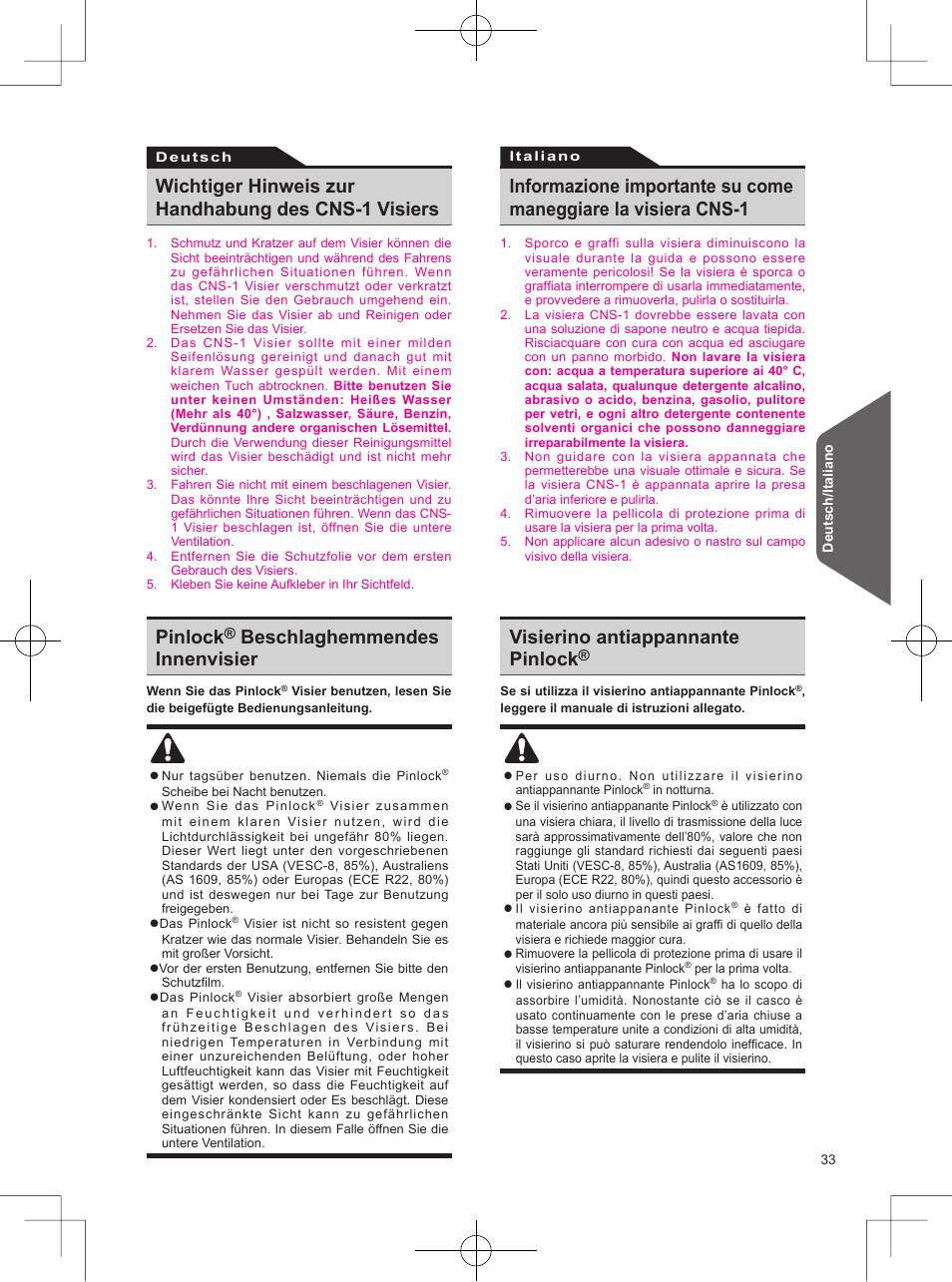 Pinlock, Wichtiger hinweis zur handhabung des cns-1 visiers | SHOEI Neotec User Manual | Page 34 / 90