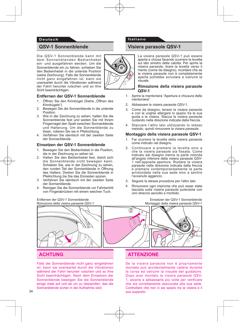 Achtung, Attenzione, Qsv-1 sonnenblende | Visiera parasole qsv-1 | SHOEI Neotec User Manual | Page 35 / 90
