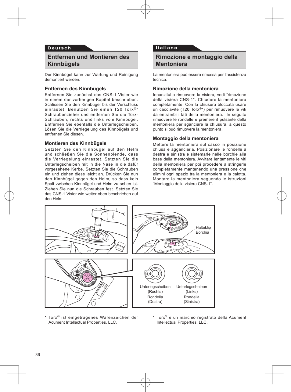 Entfernen und montieren des kinnbügels, Rimozione e montaggio della mentoniera | SHOEI Neotec User Manual | Page 37 / 90