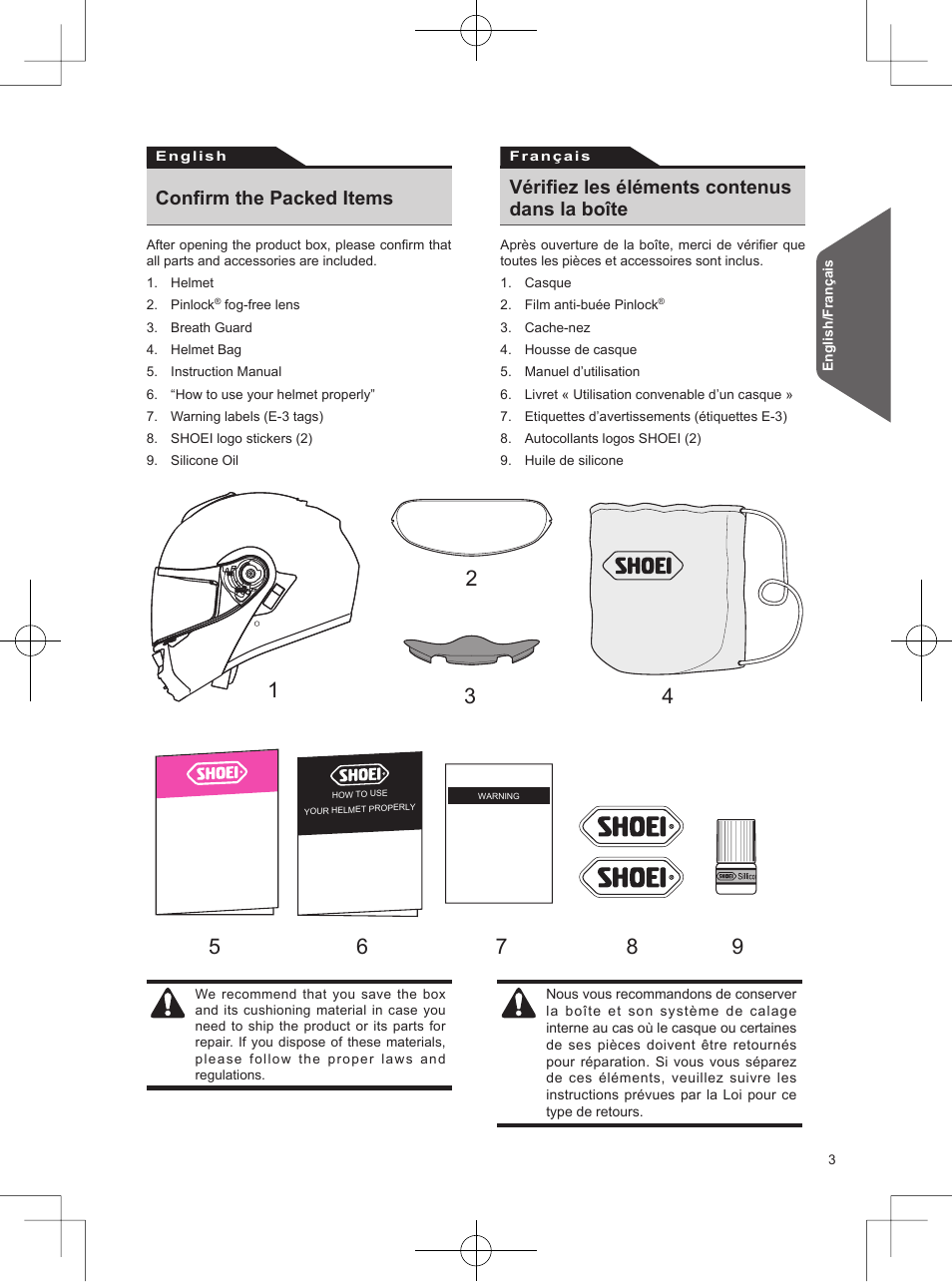 Confirm the packed items, Vérifiez les éléments contenus dans la boîte | SHOEI Neotec User Manual | Page 4 / 90