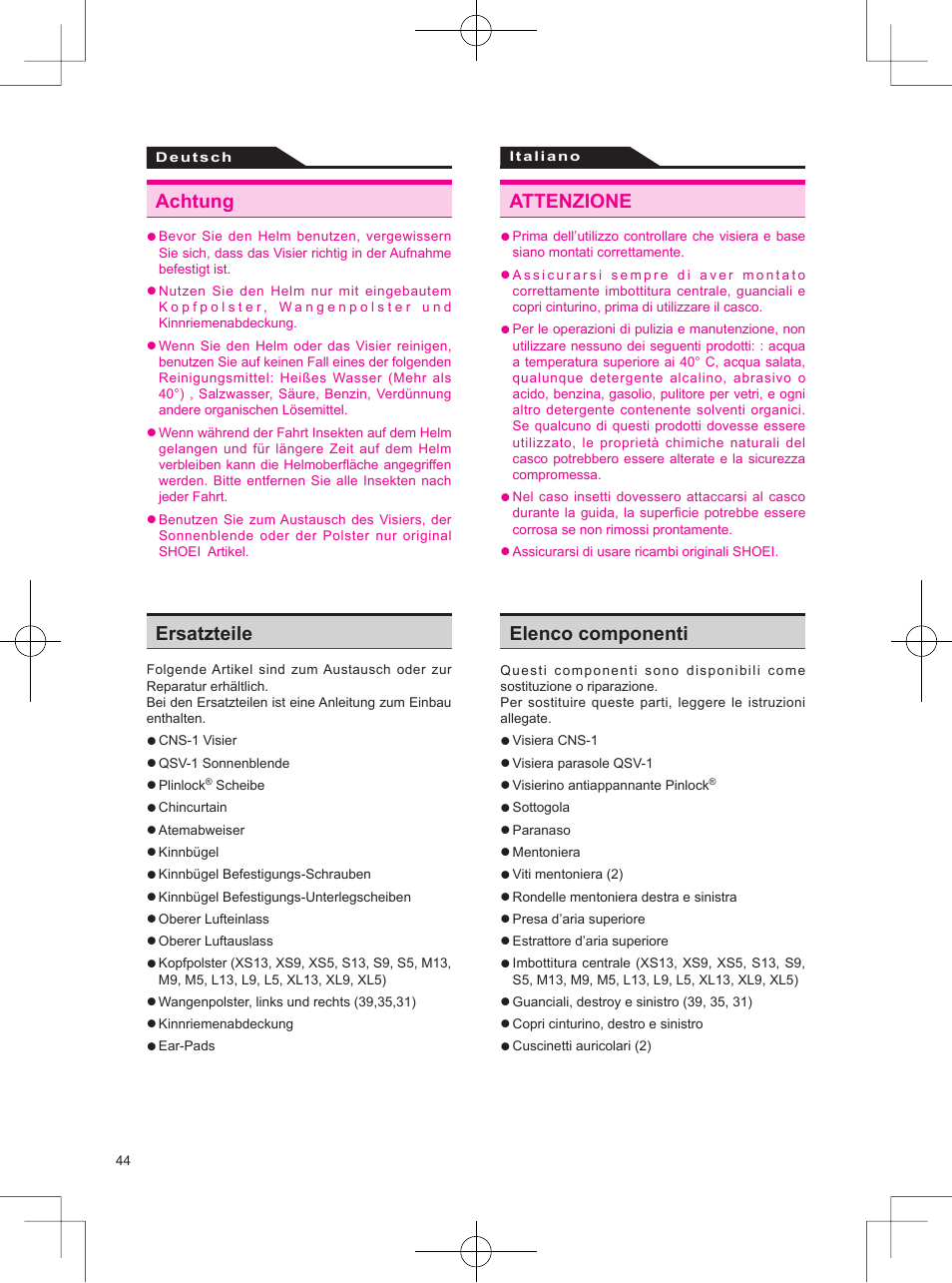 Achtung attenzione, Ersatzteile elenco componenti | SHOEI Neotec User Manual | Page 45 / 90