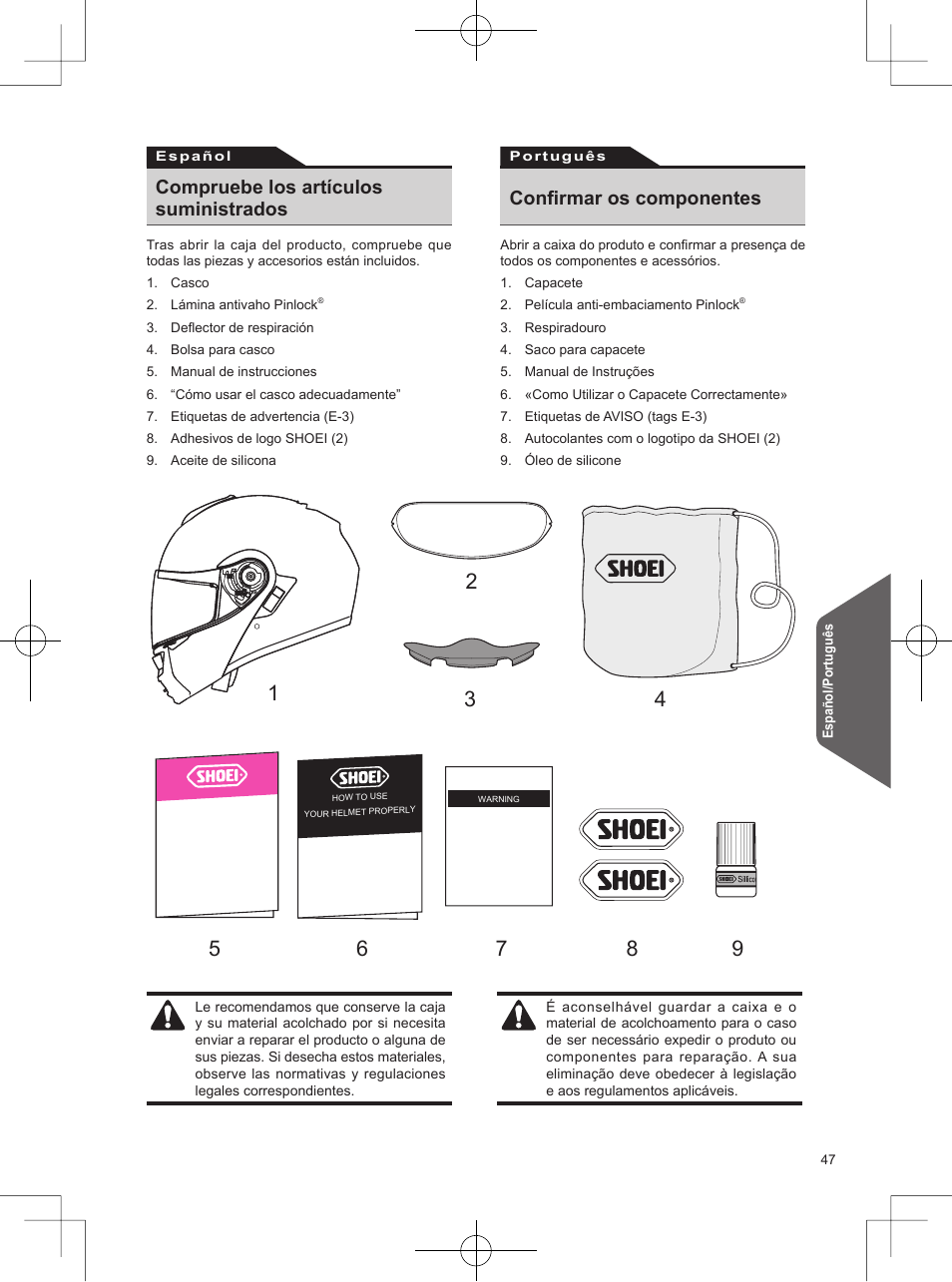 Compruebe los artículos suministrados, Confirmar os componentes | SHOEI Neotec User Manual | Page 48 / 90
