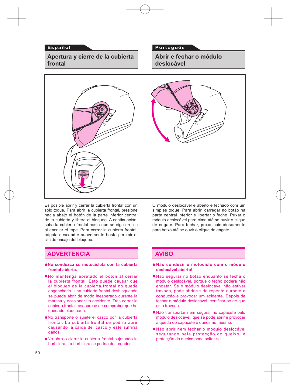 Advertencia aviso, Apertura y cierre de la cubierta frontal, Abrir e fechar o módulo deslocável | SHOEI Neotec User Manual | Page 51 / 90