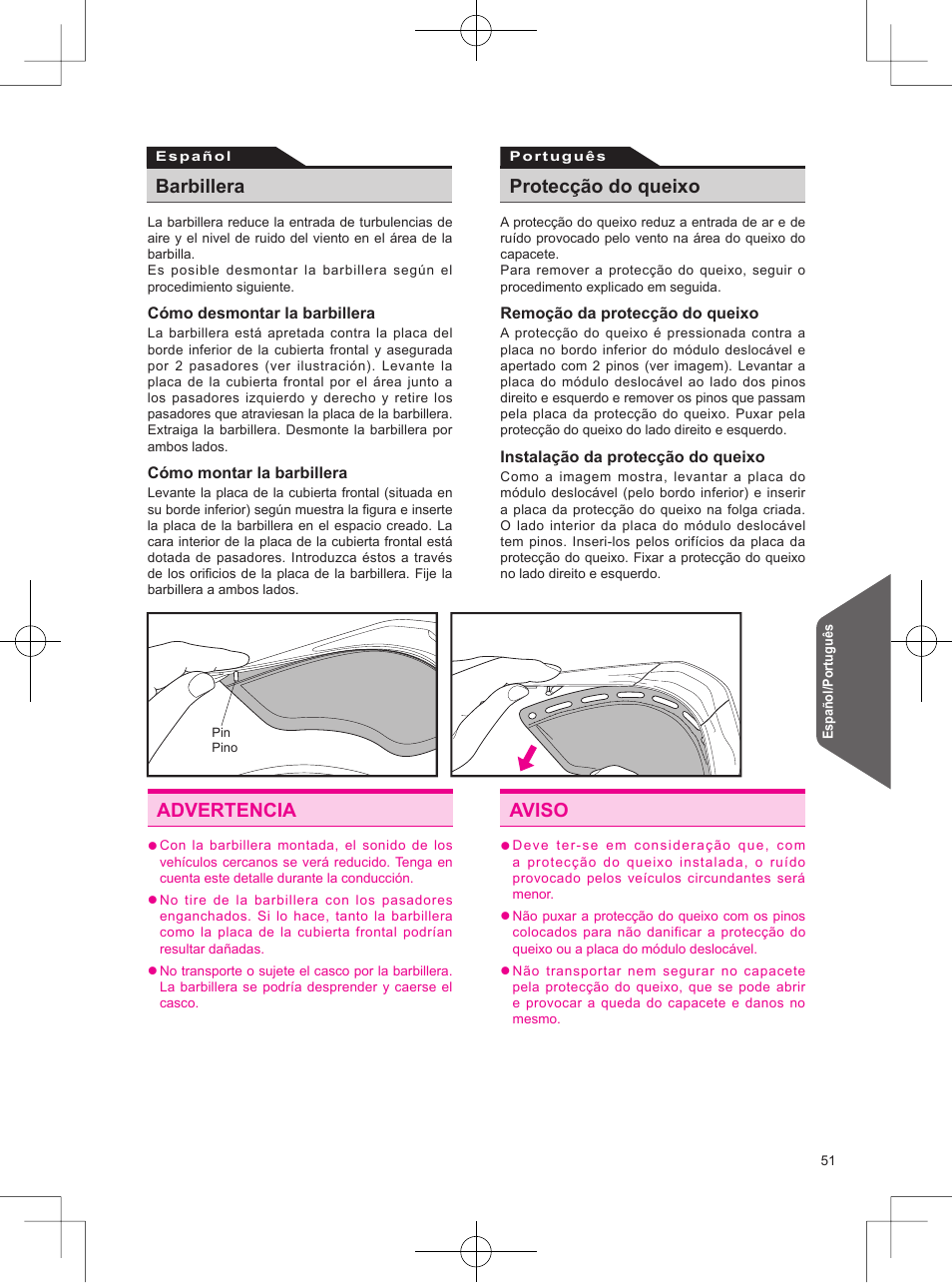 Advertencia, Aviso, Barbillera | Protecção do queixo | SHOEI Neotec User Manual | Page 52 / 90