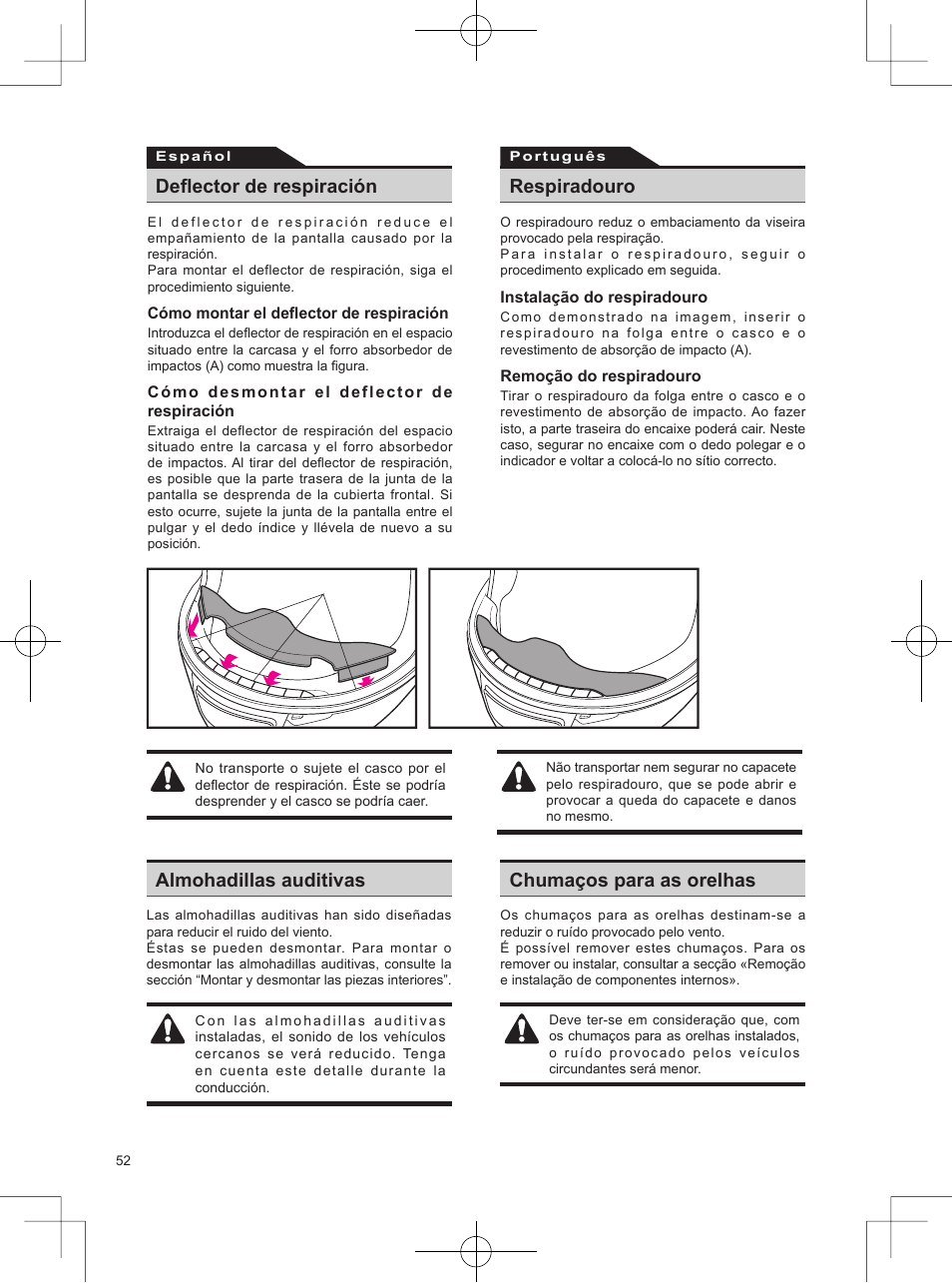 Deflector de respiración, Respiradouro, Almohadillas auditivas chumaços para as orelhas | SHOEI Neotec User Manual | Page 53 / 90