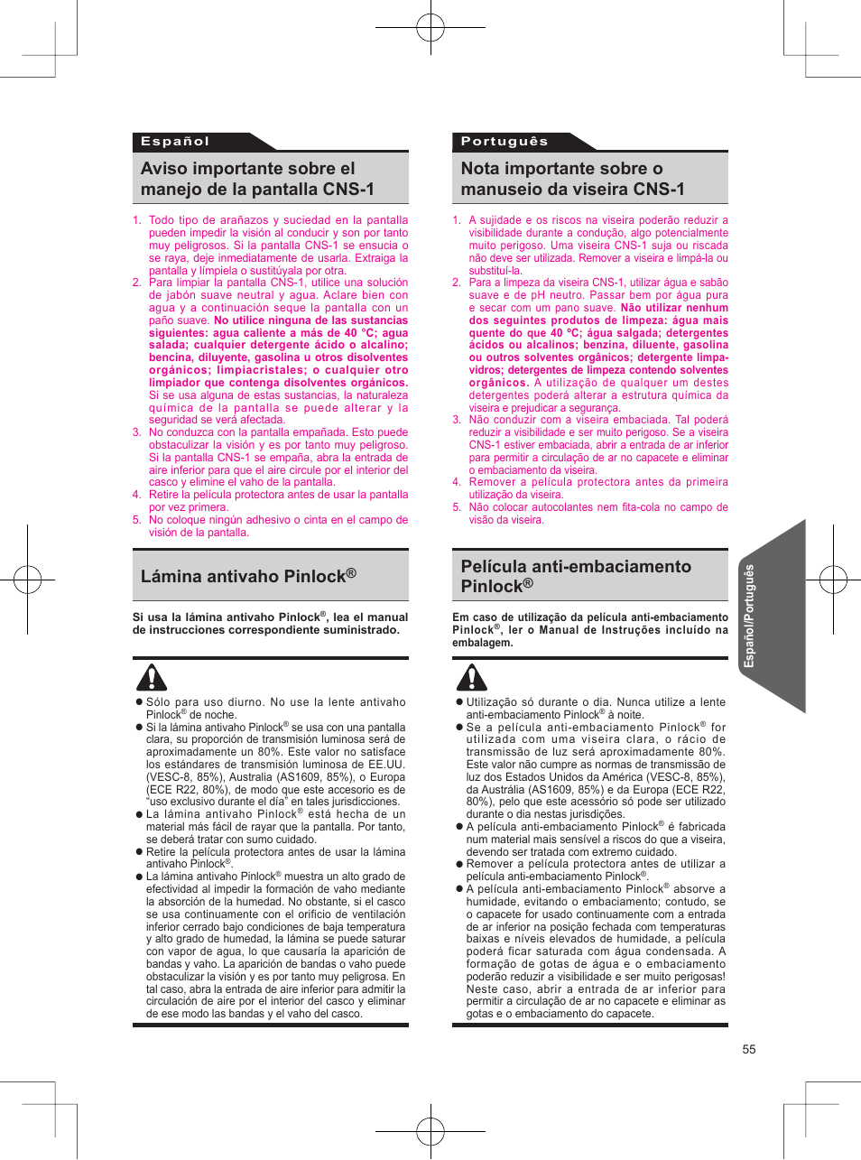 Lámina antivaho pinlock, Película anti-embaciamento pinlock, Nota importante sobre o manuseio da viseira cns-1 | SHOEI Neotec User Manual | Page 56 / 90