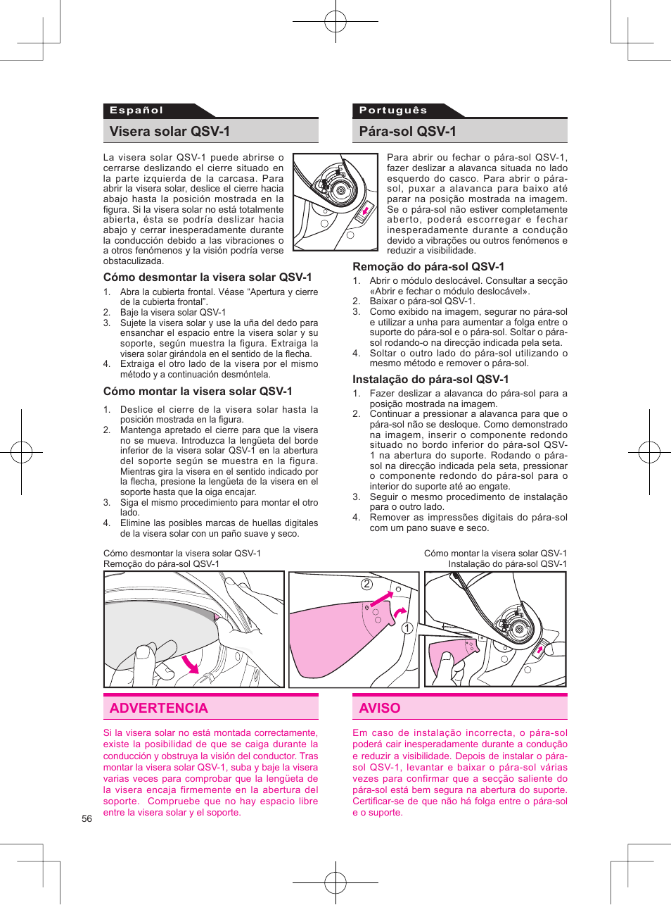 Advertencia, Aviso, Visera solar qsv-1 | Pára-sol qsv-1 | SHOEI Neotec User Manual | Page 57 / 90