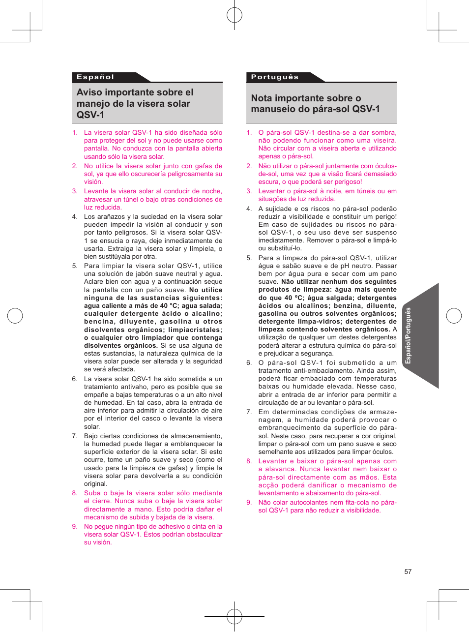 Nota importante sobre o manuseio do pára-sol qsv-1 | SHOEI Neotec User Manual | Page 58 / 90