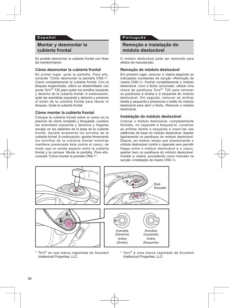 Montar y desmontar la cubierta frontal, Remoção e instalação do módulo deslocável | SHOEI Neotec User Manual | Page 59 / 90