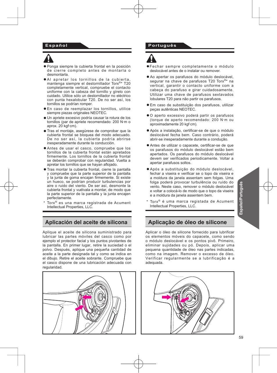 Aplicación del aceite de silicona, Aplicação de óleo de silicone | SHOEI Neotec User Manual | Page 60 / 90