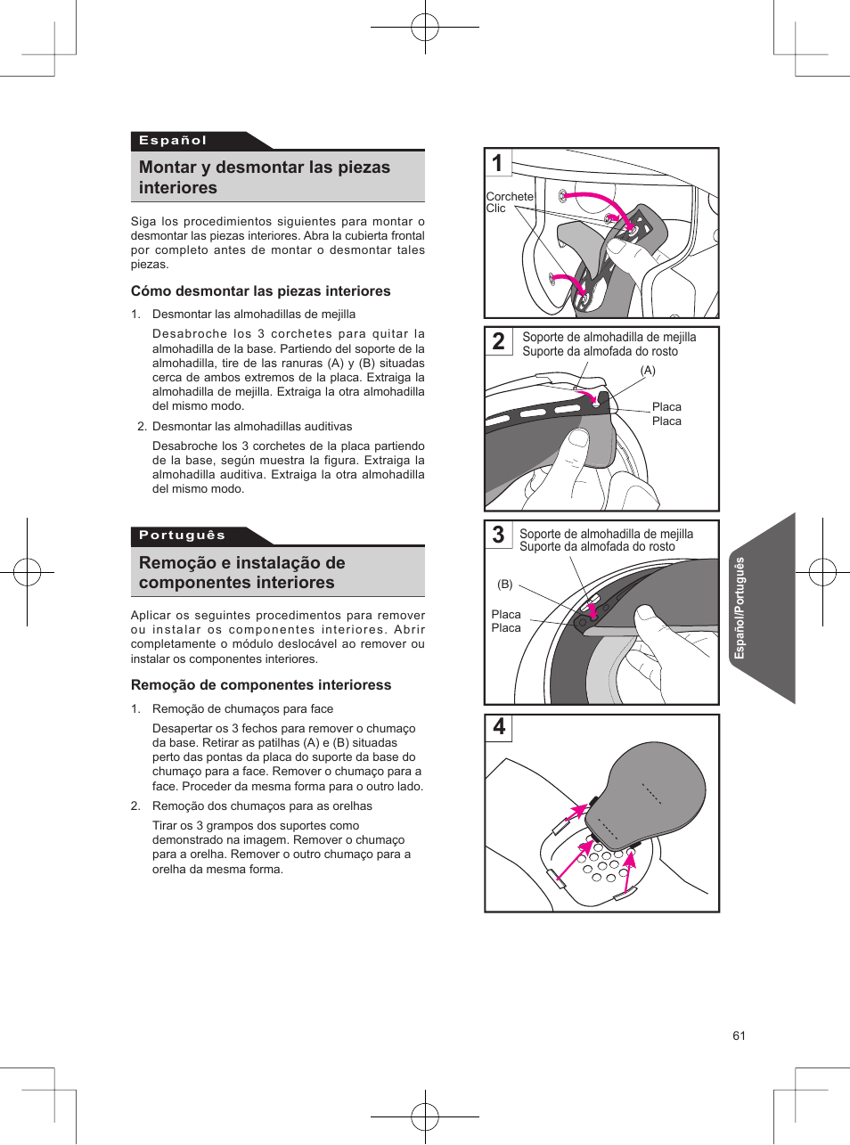 Montar y desmontar las piezas interiores, Remoção e instalação de componentes interiores | SHOEI Neotec User Manual | Page 62 / 90