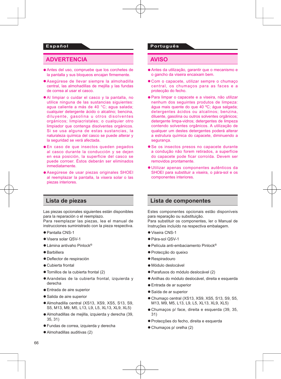 Advertencia aviso, Lista de piezas lista de componentes | SHOEI Neotec User Manual | Page 67 / 90