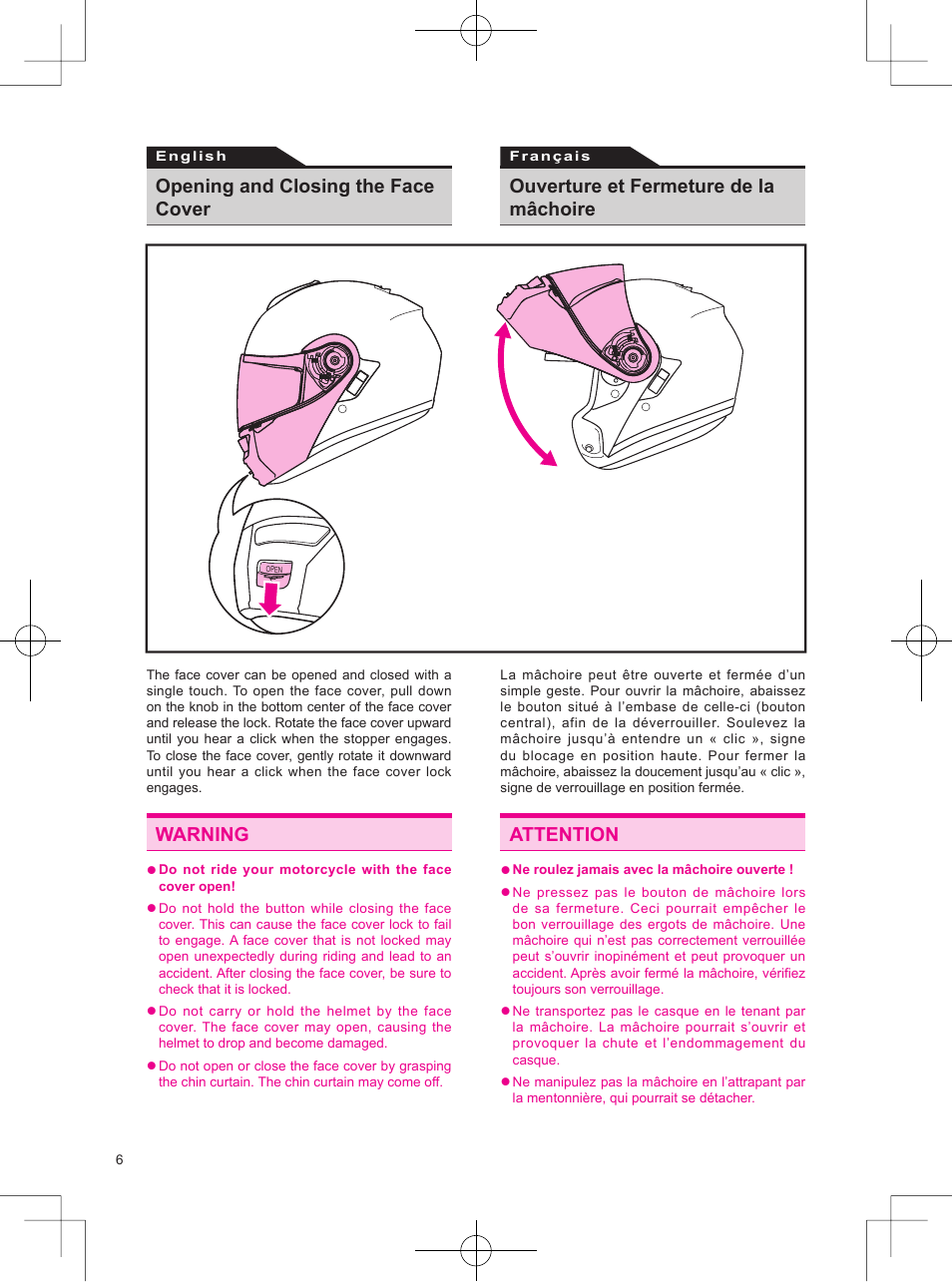 Warning attention, Opening and closing the face cover, Ouverture et fermeture de la mâchoire | SHOEI Neotec User Manual | Page 7 / 90