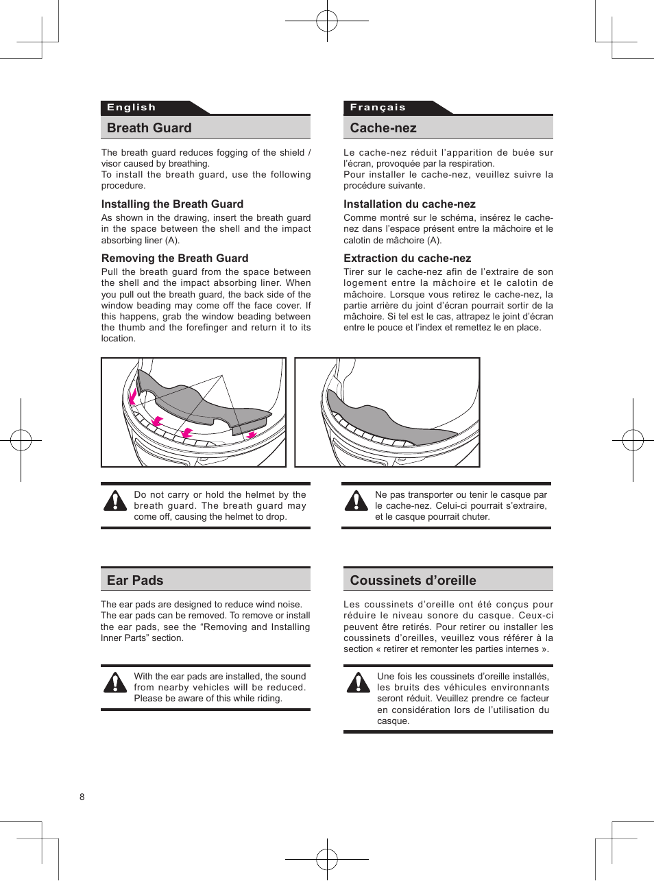 Breath guard, Cache-nez, Ear pads coussinets d’oreille | SHOEI Neotec User Manual | Page 9 / 90