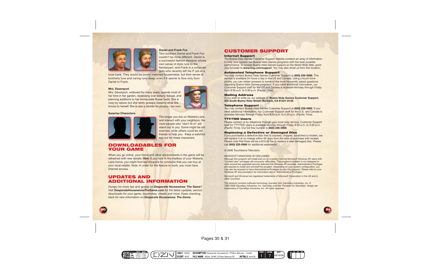 Pages 30 & 31, Downloadables for your game, Updates and additional information | Customer support | Disney Interactive Studios Desperate Housewives: The Game User Manual | Page 17 / 17