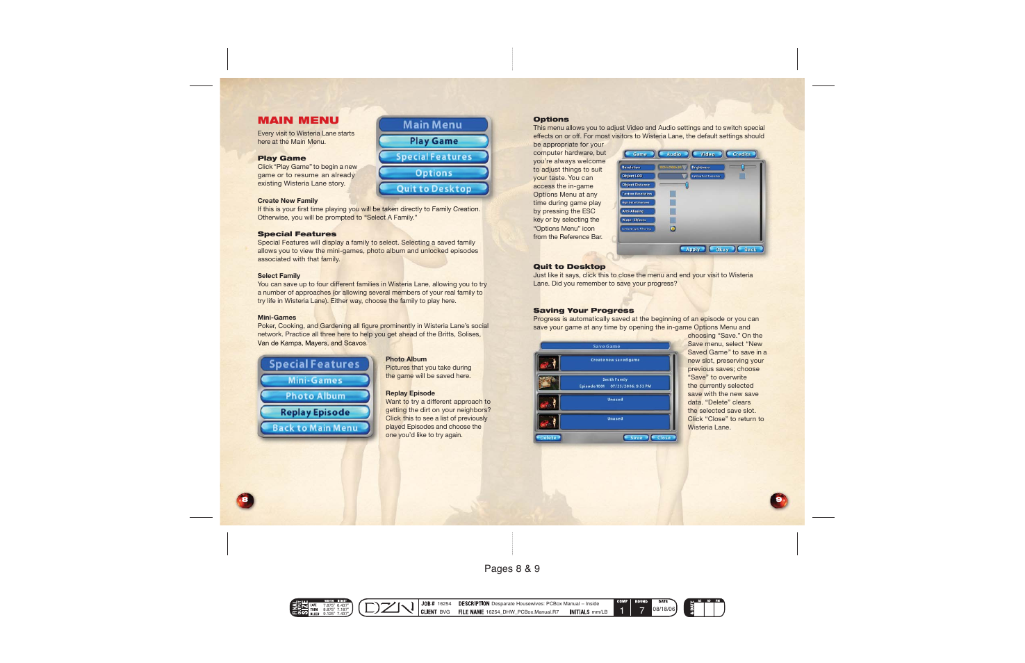 Pages 8 & 9, Main menu | Disney Interactive Studios Desperate Housewives: The Game User Manual | Page 6 / 17