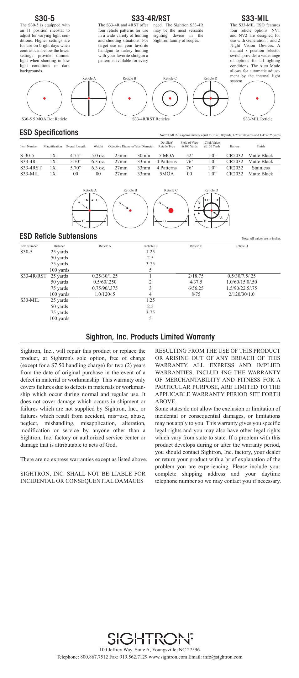 Esd reticle subtensions, Sightron, inc. products limited warranty | Sightron S30-5 User Manual | Page 2 / 2